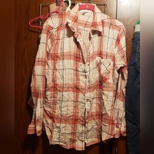 Womens Plaid Shirt - Coral and White